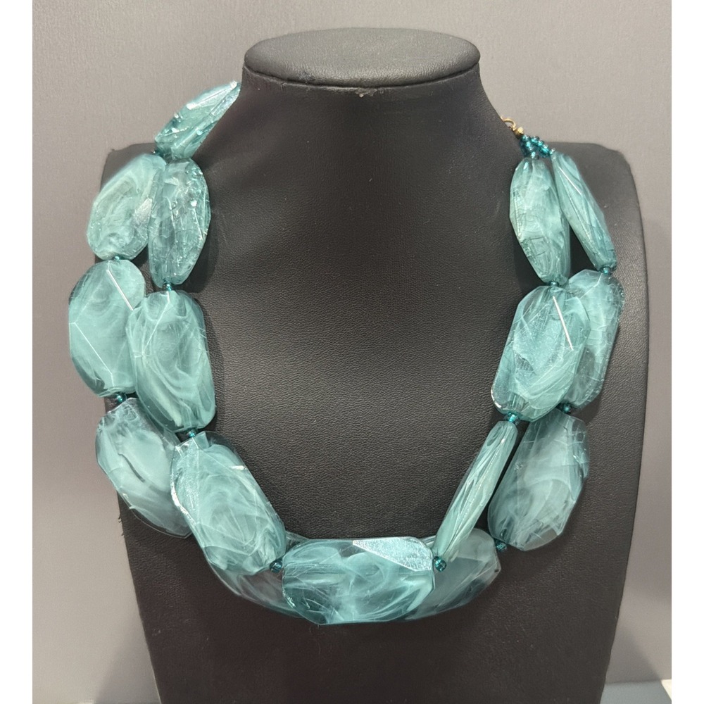 Teal Blue Double Strand Chunky Faceted Bead Statement Necklace Adjustable 18"